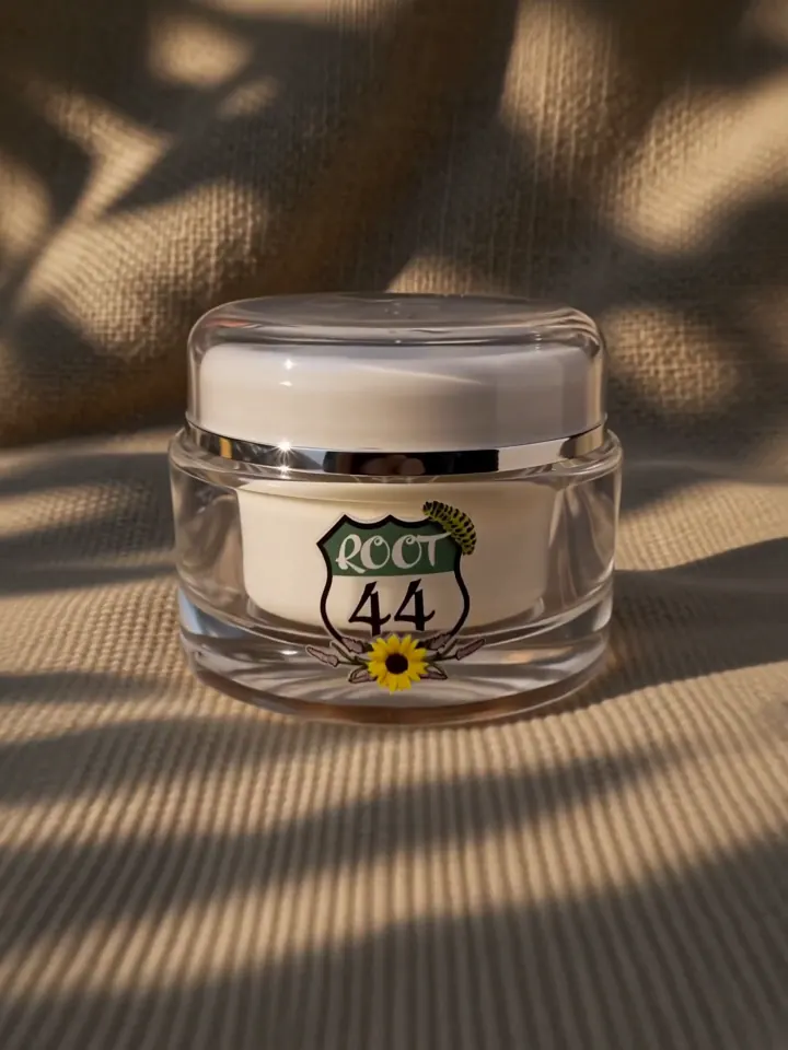Root 44 Tallow Face Cream jar on linen in warm light