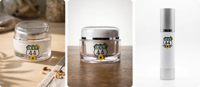Root 44 Tallow Lip Balm, Tallow Face Cream and Hyaluronic Serum side by side