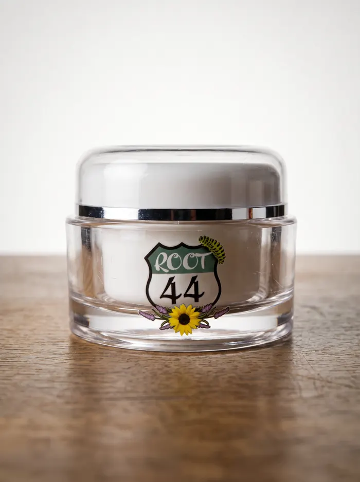 Root 44 Tallow Face Cream jar on a wooden tabletop against a plain backdrop
