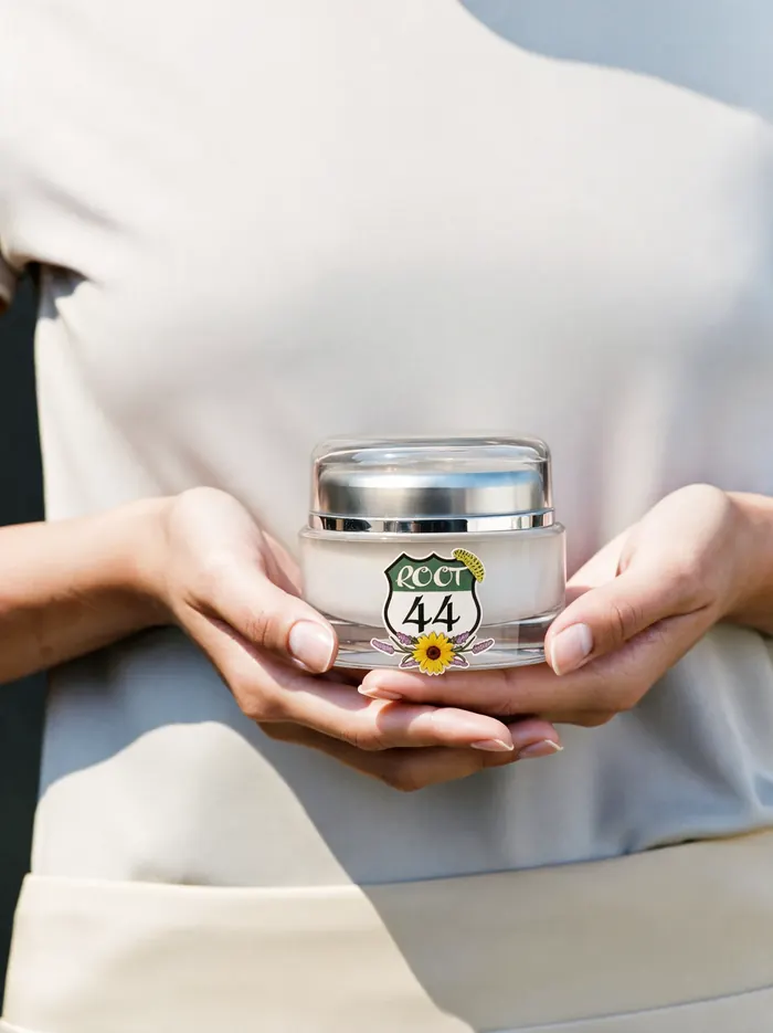 Two hands holding a jar of Root 44 Tallow Lip Balm