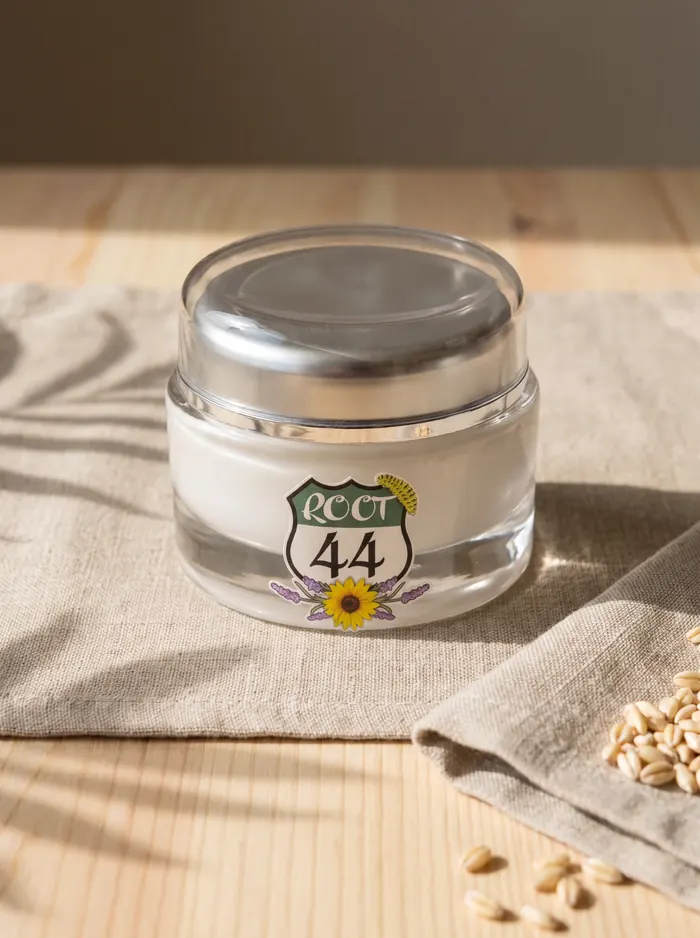 Root 44 Tallow Lip Balm jar on a linen runner in soft window light