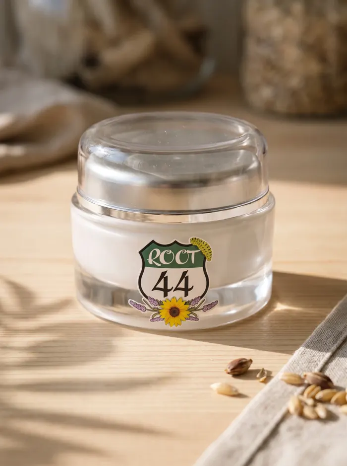 Root 44 Tallow Lip Balm jar on a wooden tabletop in warm sunlight