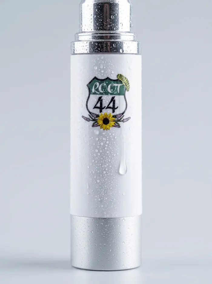 Close-up of a Root 44 Hyaluronic Serum bottle covered in water droplets