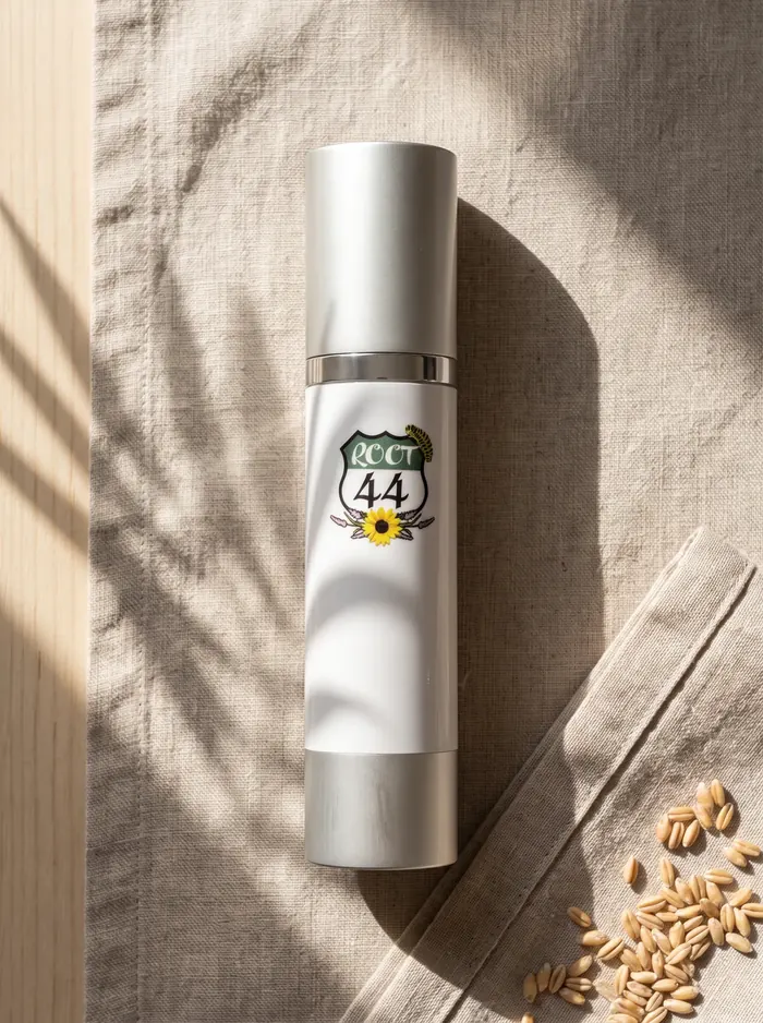 Root 44 Hyaluronic Serum lying on linen in sunlight