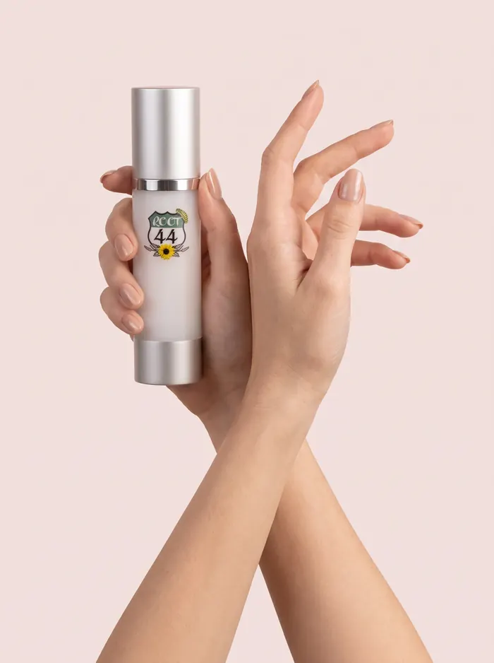 Hands holding a Root 44 Hyaluronic Serum bottle against a soft pink background